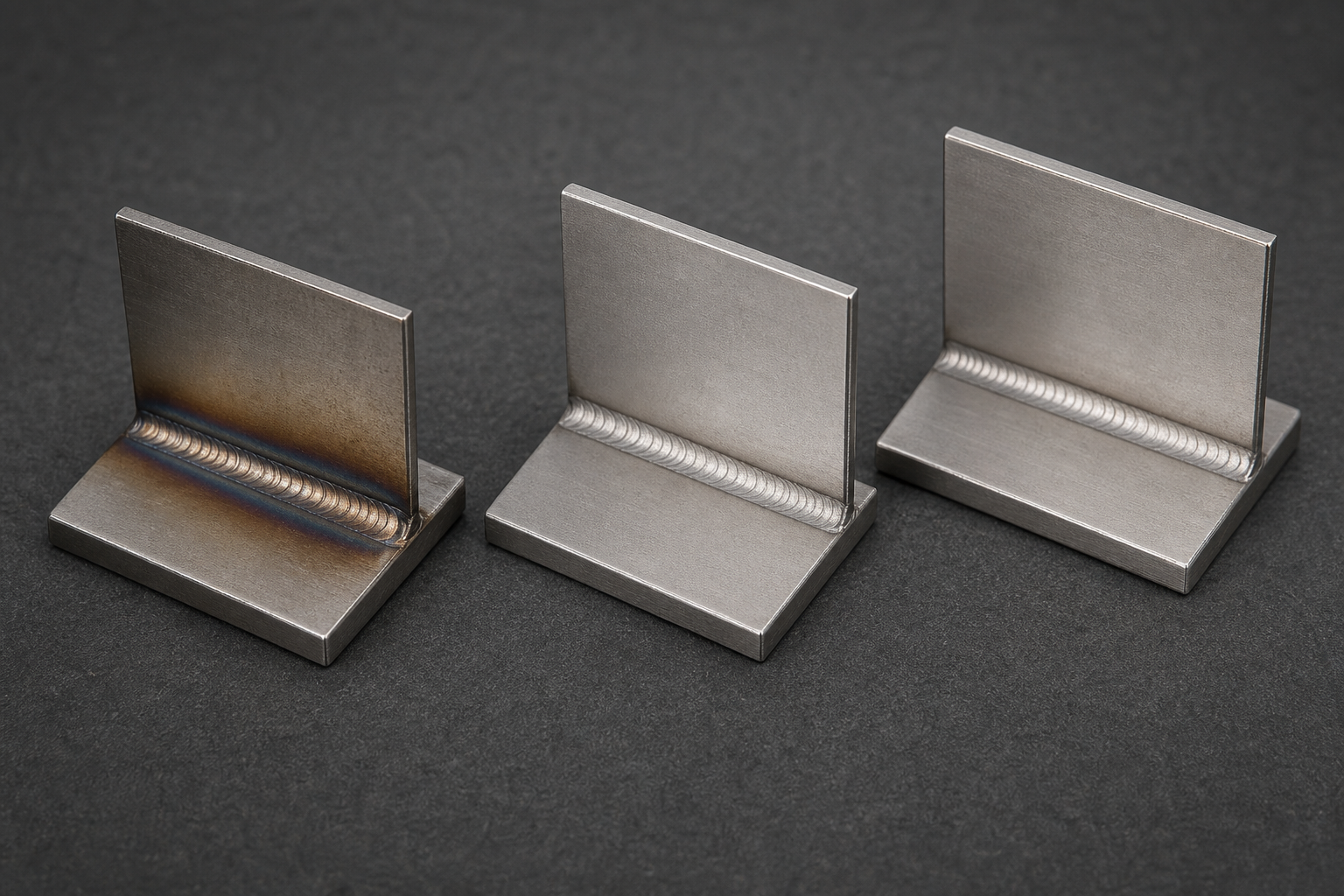 Three matching welded stainless steel coupons showing heat tint, cleaned pickled surface, and passivated natural finish