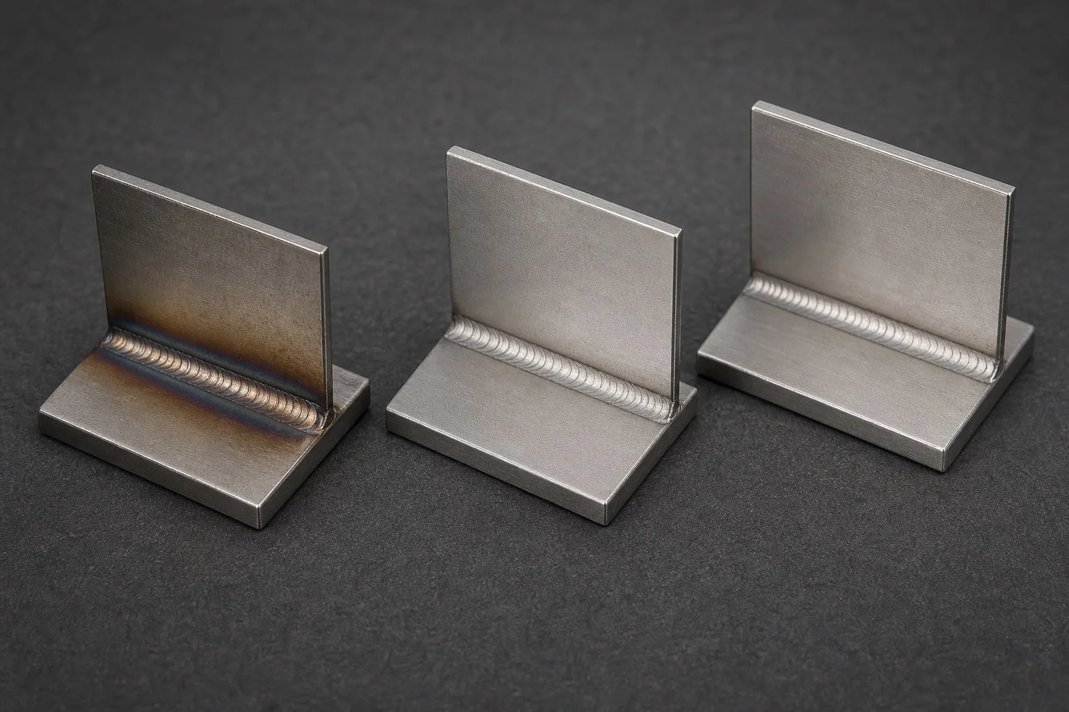 Three matching welded stainless steel coupons showing heat tint, cleaned pickled surface, and passivated natural finish