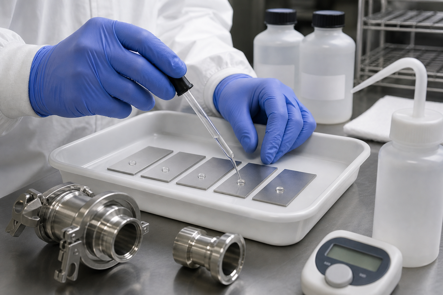 Gloved technician applying controlled test droplets to stainless steel coupons in a corrosion laboratory