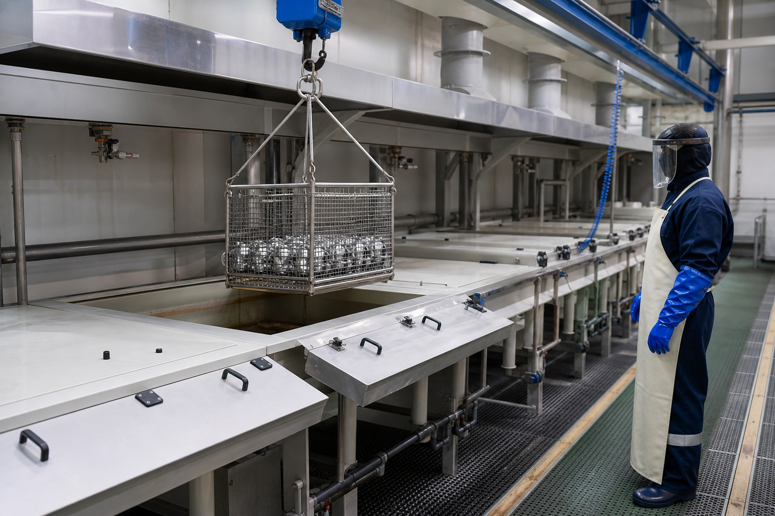 Stainless steel fittings in a basket above a covered chemical passivation line with a fully protected operator