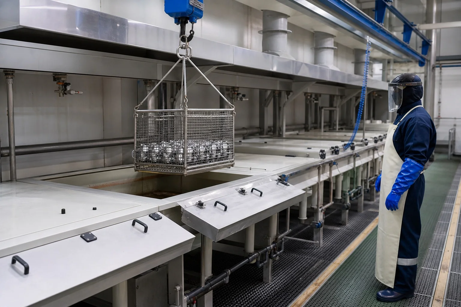 Stainless steel fittings in a basket above a covered chemical passivation line with a fully protected operator