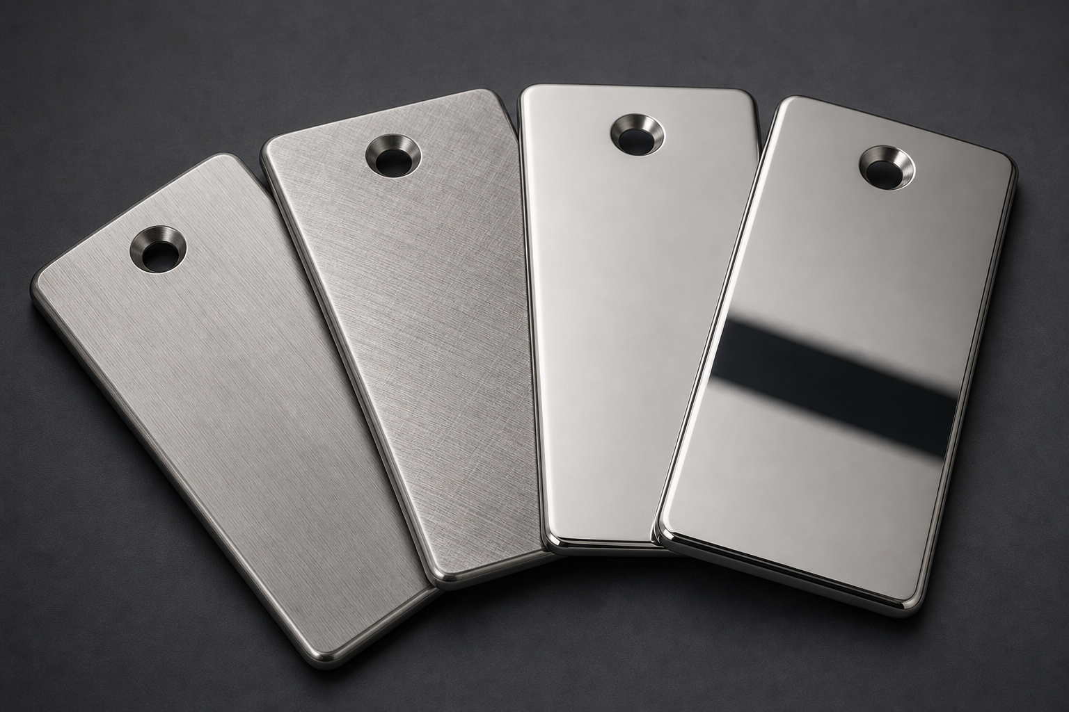 Four matching stainless steel panels showing satin, intermediate, bright, and mirror polished finishes