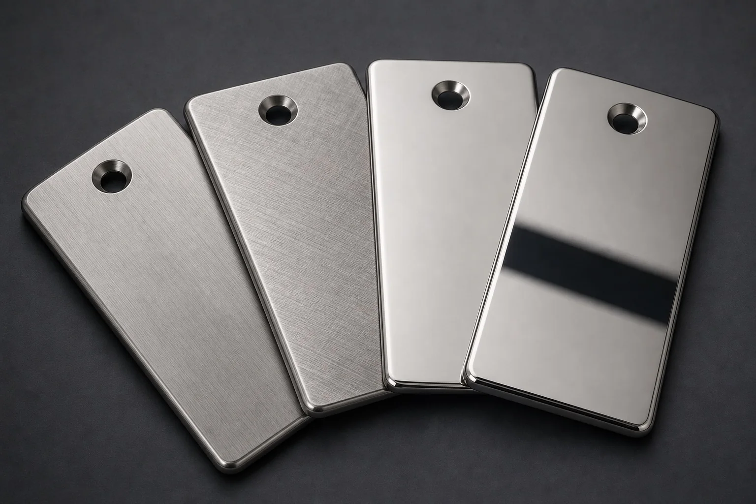Four matching stainless steel panels showing satin, intermediate, bright, and mirror polished finishes