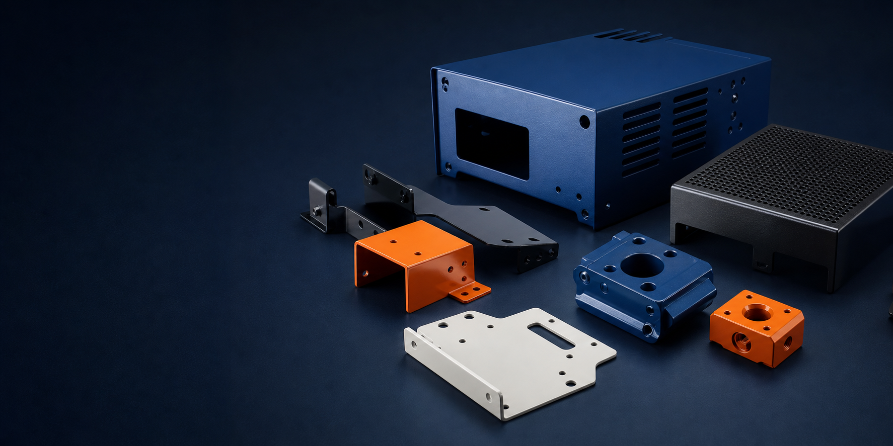 Blue, black, orange, and white powder-coated precision metal components