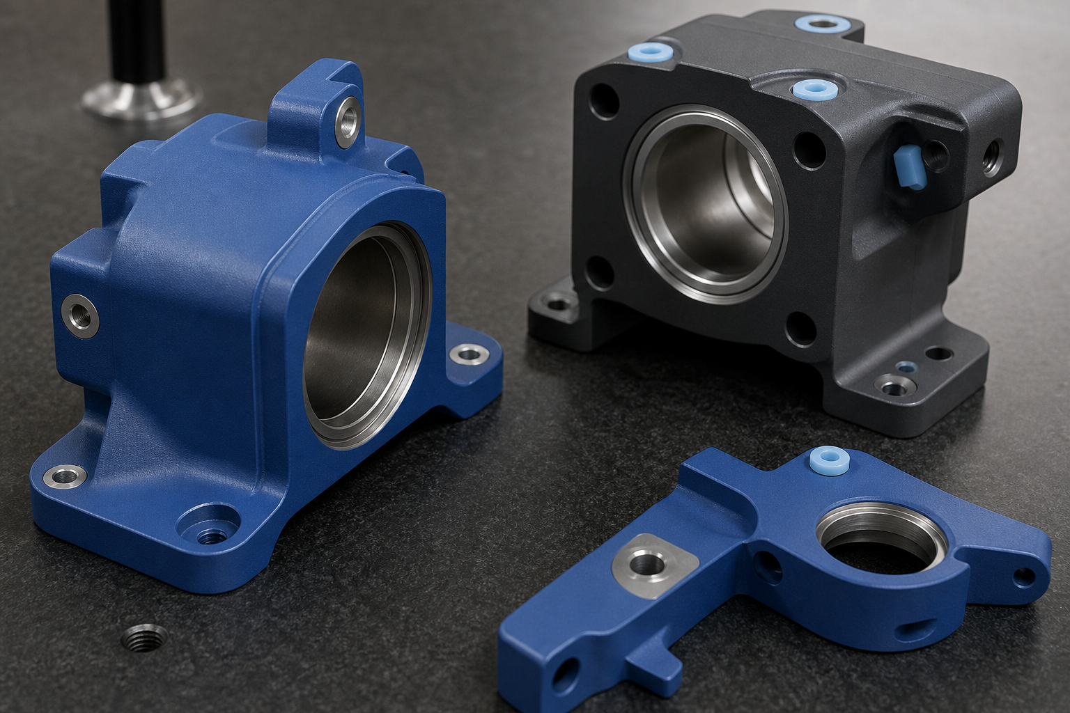 Powder-coated housings with masked bearing seats, threaded holes, and sealing faces