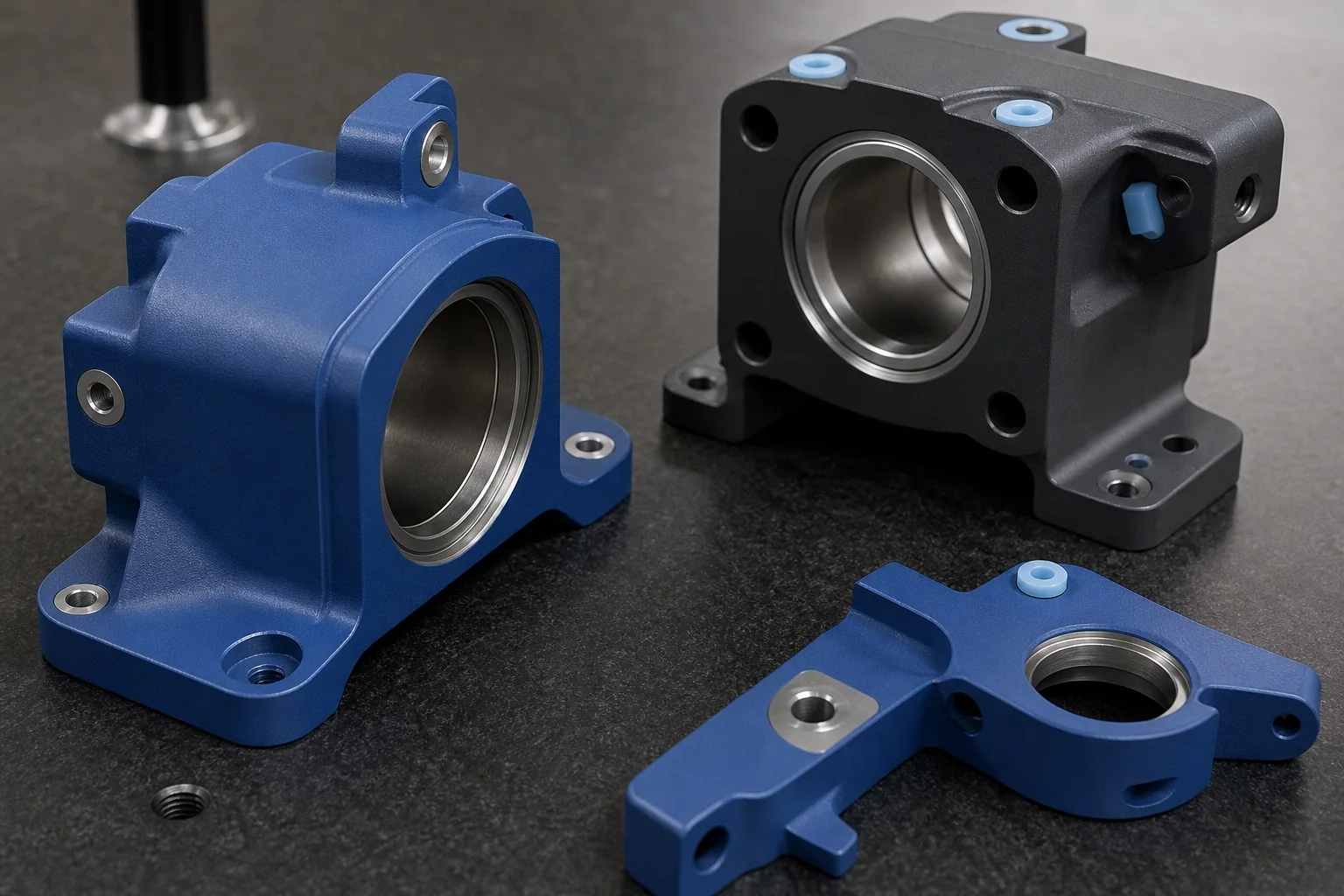 Powder-coated housings with masked bearing seats, threaded holes, and sealing faces