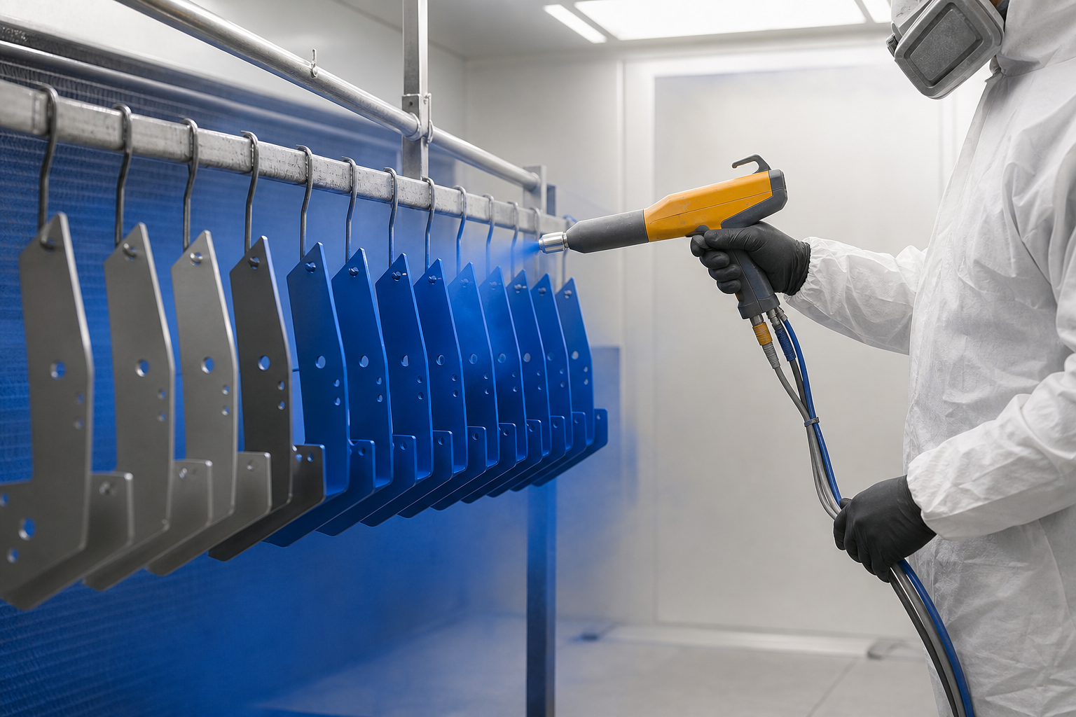 Electrostatic powder application on a rack of precision sheet-metal brackets
