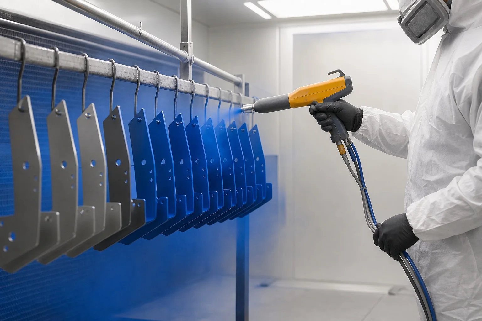 Electrostatic powder application on a rack of precision sheet-metal brackets