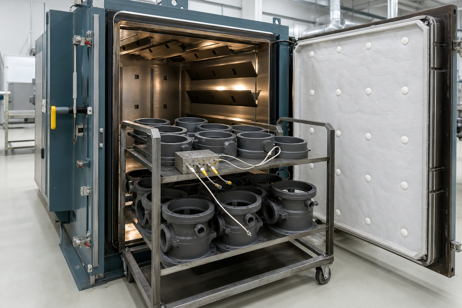 Rack of coated valve housings entering a controlled industrial curing oven with thermocouple monitoring