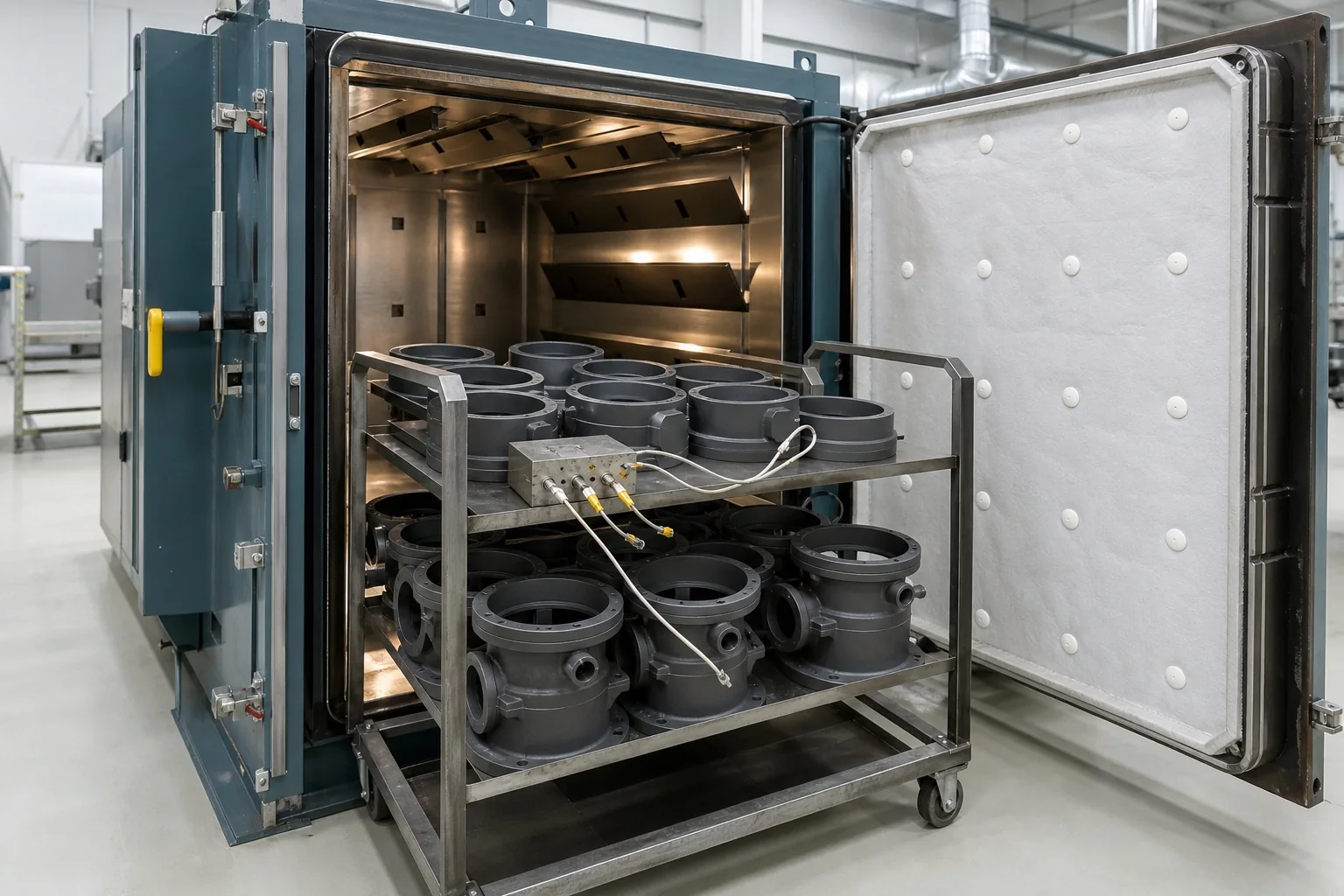 Rack of coated valve housings entering a controlled industrial curing oven with thermocouple monitoring