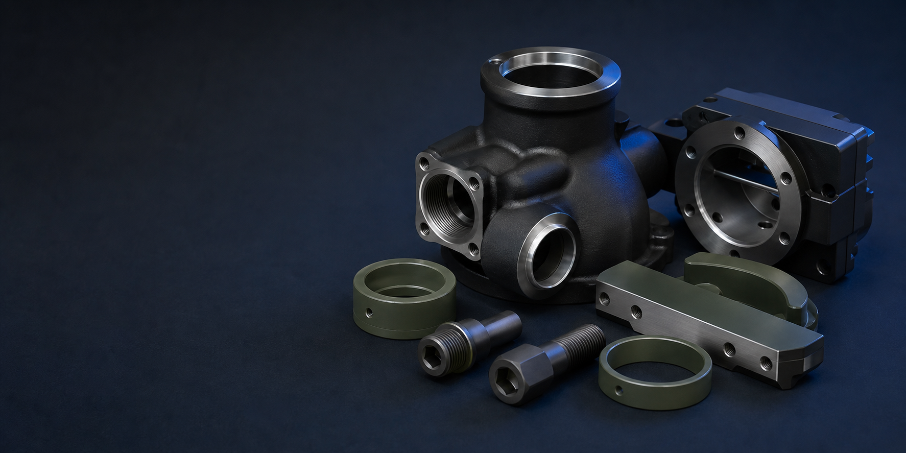 Black, graphite, and olive fluoropolymer-coated precision valve, pump, mold, ring, and fastener components