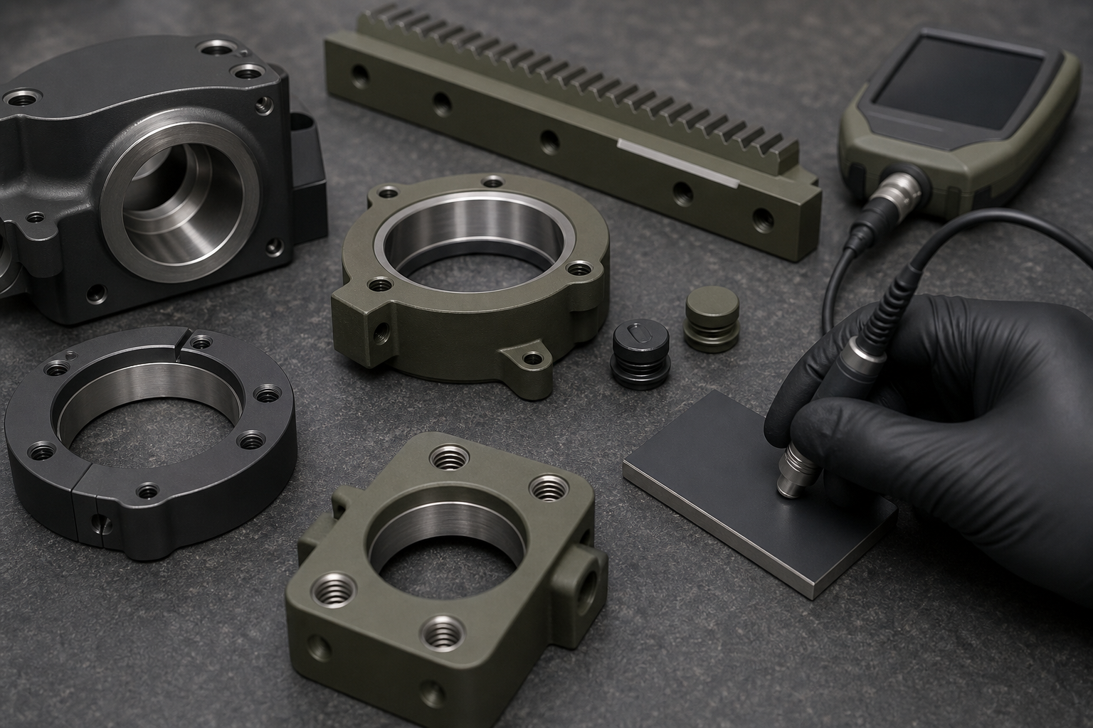 Fluoropolymer-coated housings with bright masked bearing bores and a technician checking coating thickness