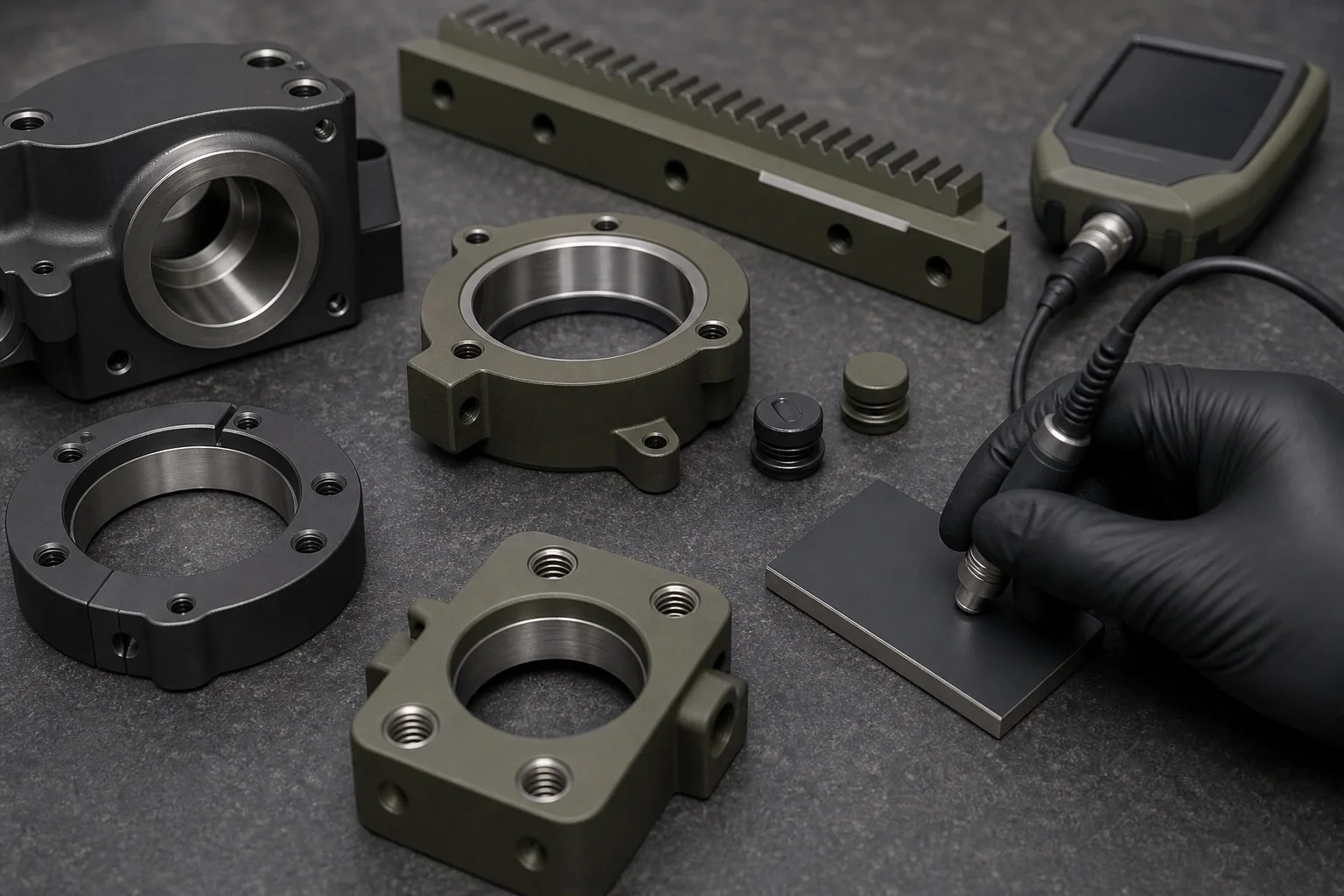 Fluoropolymer-coated housings with bright masked bearing bores and a technician checking coating thickness
