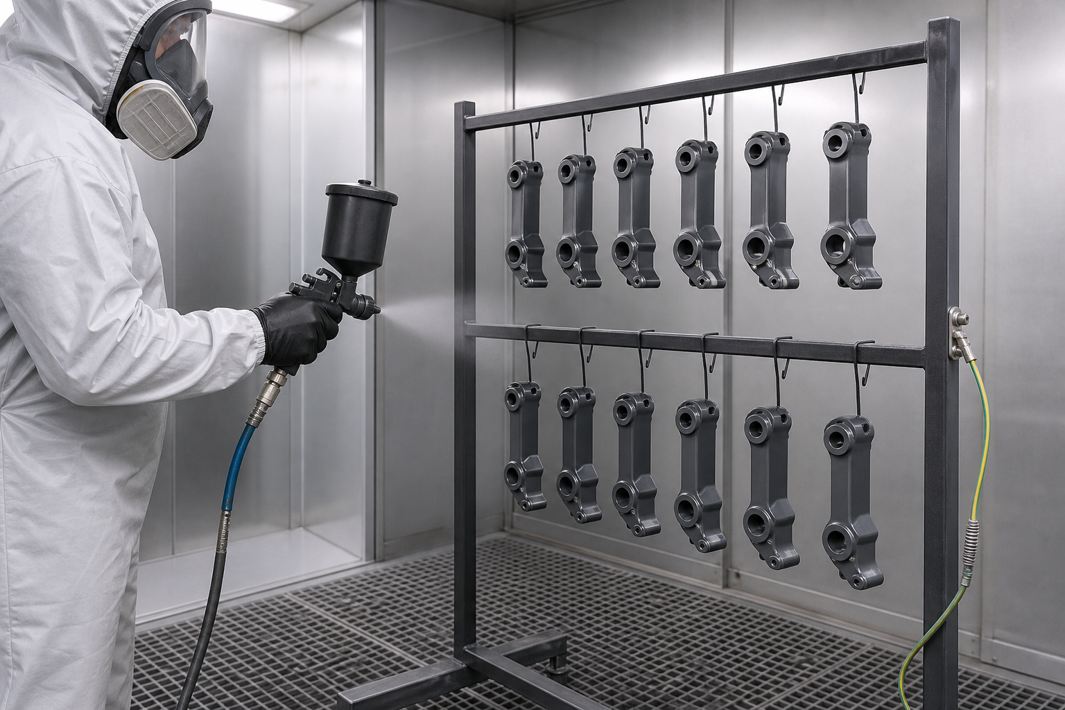 Protected operator spraying fluoropolymer coating onto a grounded rack of precision metal brackets