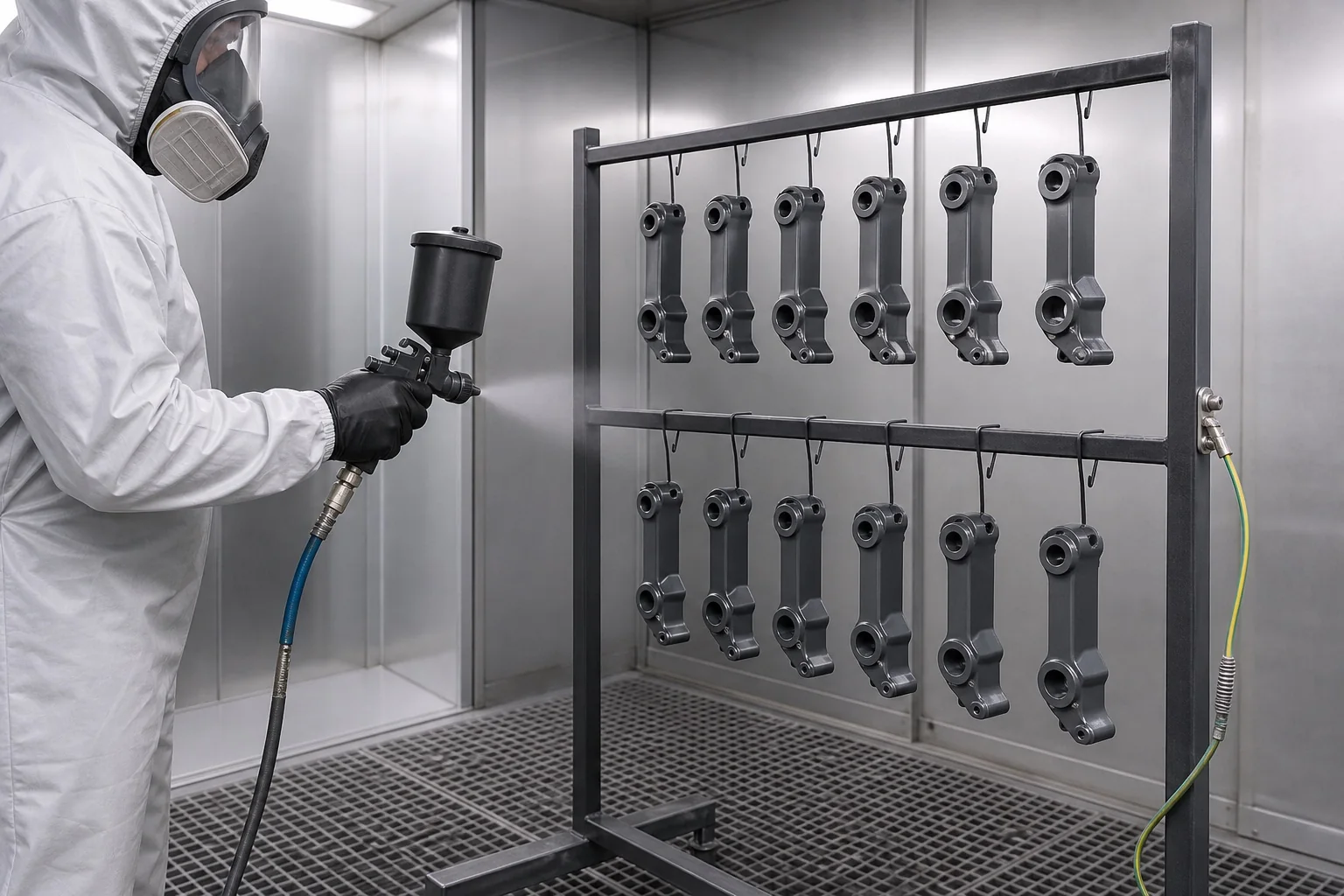 Protected operator spraying fluoropolymer coating onto a grounded rack of precision metal brackets