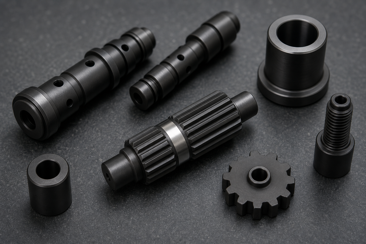 Dark QPQ-treated valve spools, bushings, splined shaft, gear, and threaded pin with selected polished lands