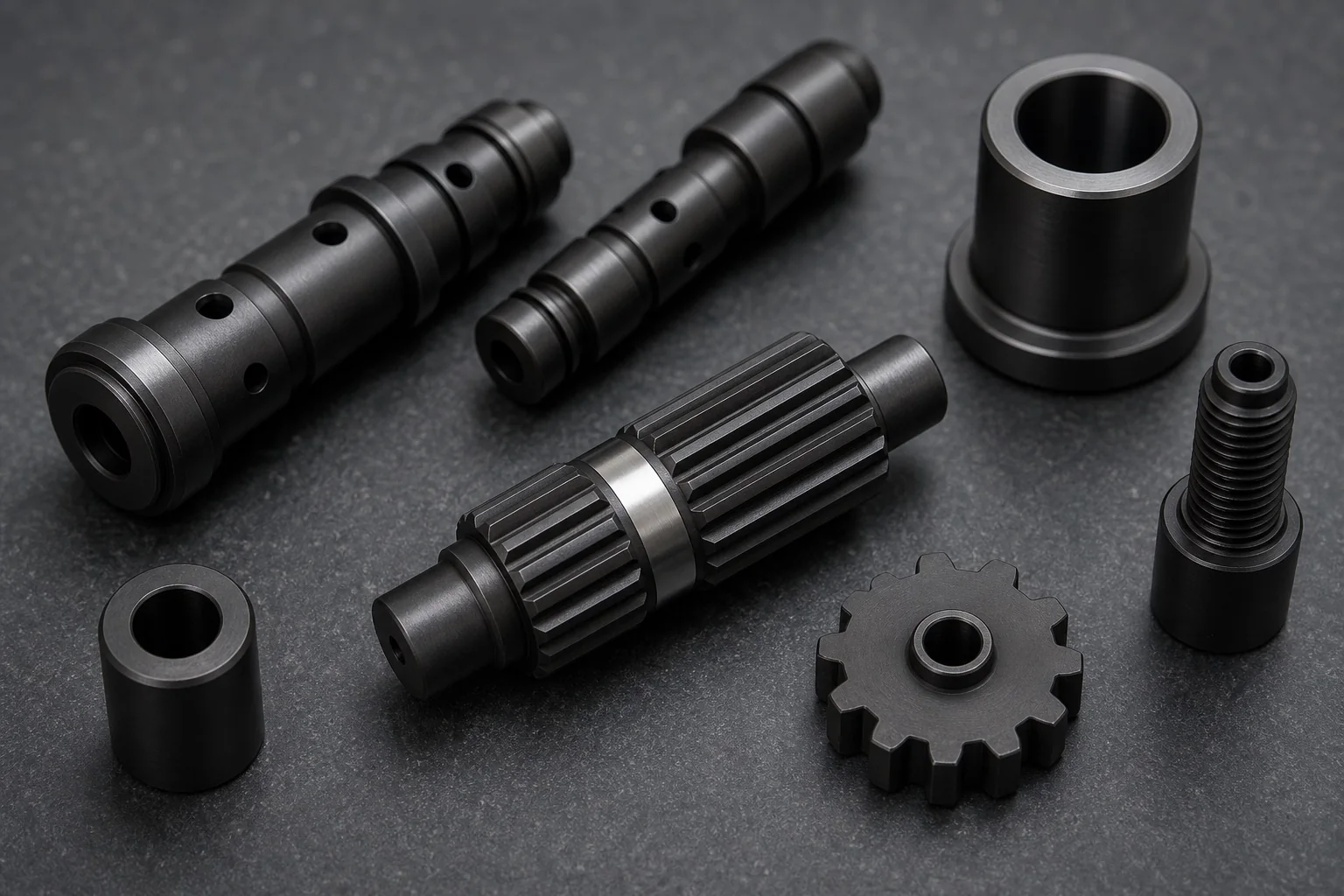 Dark QPQ-treated valve spools, bushings, splined shaft, gear, and threaded pin with selected polished lands