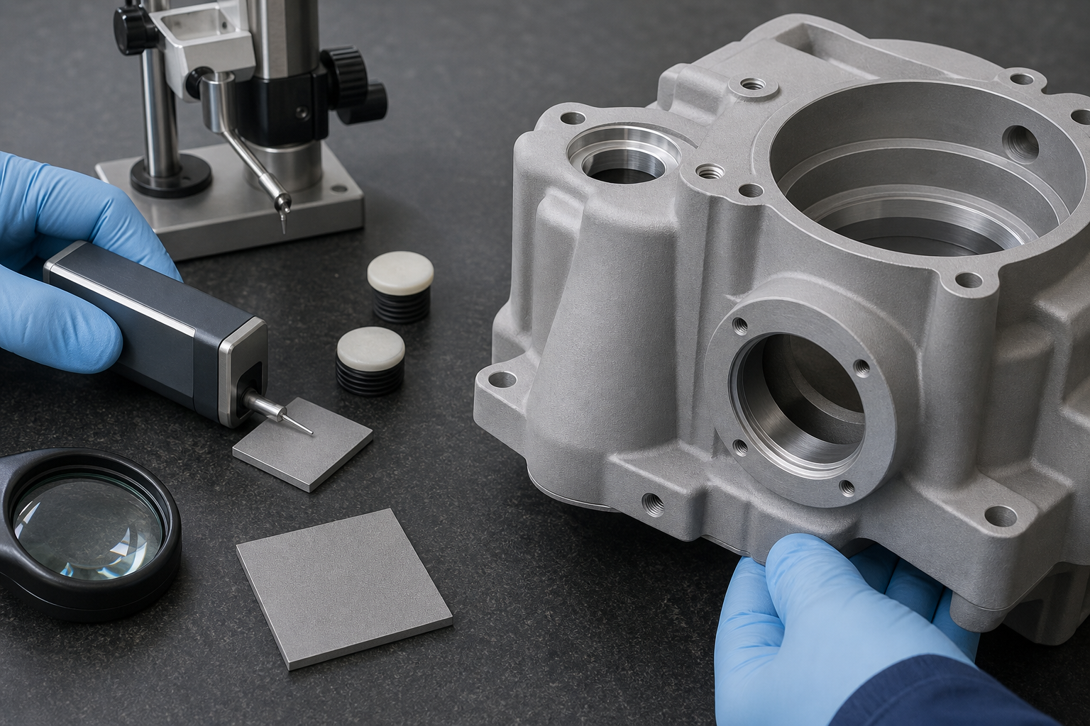 Technician checking a blasted aluminum housing and measuring a matte finish coupon with a roughness instrument