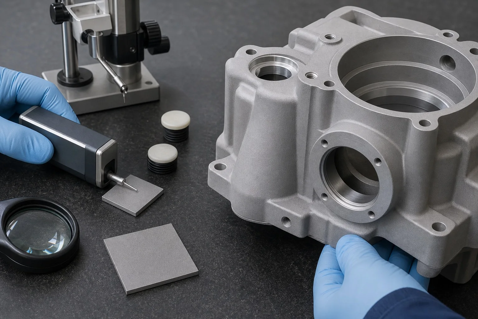 Technician checking a blasted aluminum housing and measuring a matte finish coupon with a roughness instrument