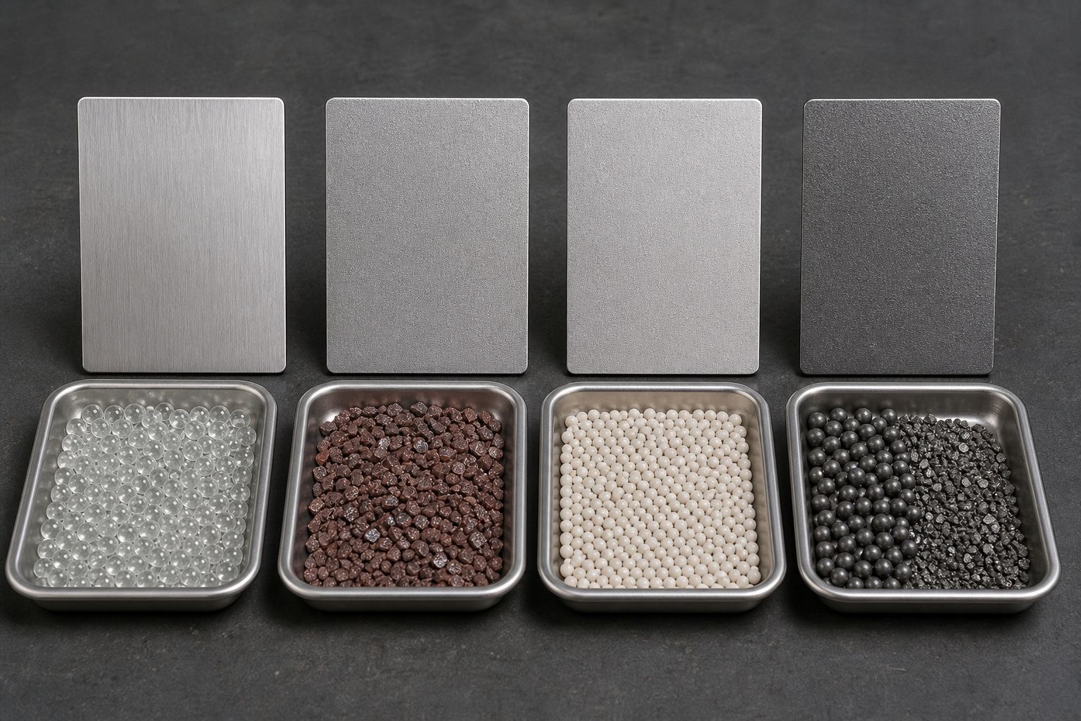 Glass bead, angular aluminum oxide, ceramic bead, and steel shot and grit beside matching finish coupons