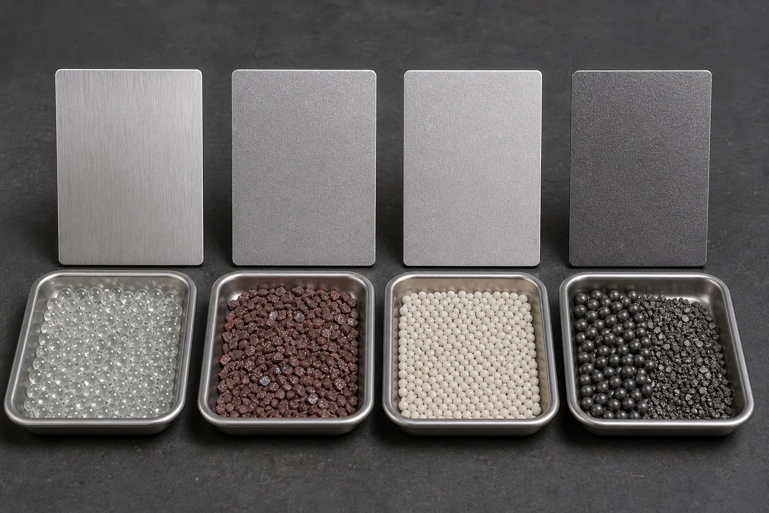 Glass bead, angular aluminum oxide, ceramic bead, and steel shot and grit beside matching finish coupons