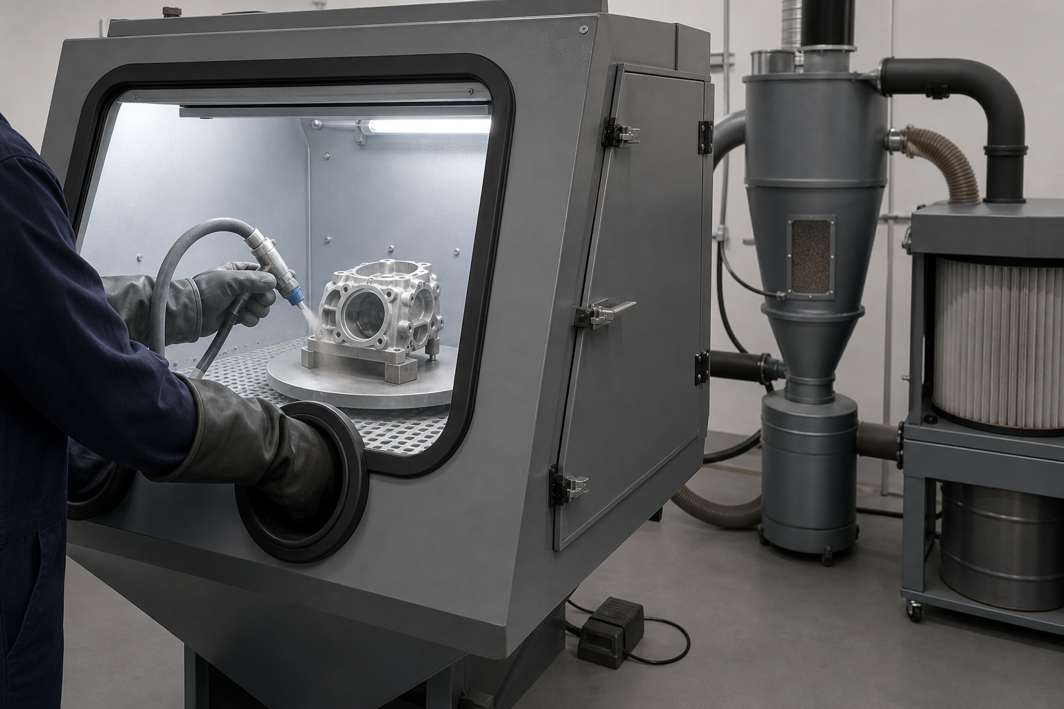 Precision aluminum housing being processed inside a sealed abrasive-blast cabinet with recovery and dust collection