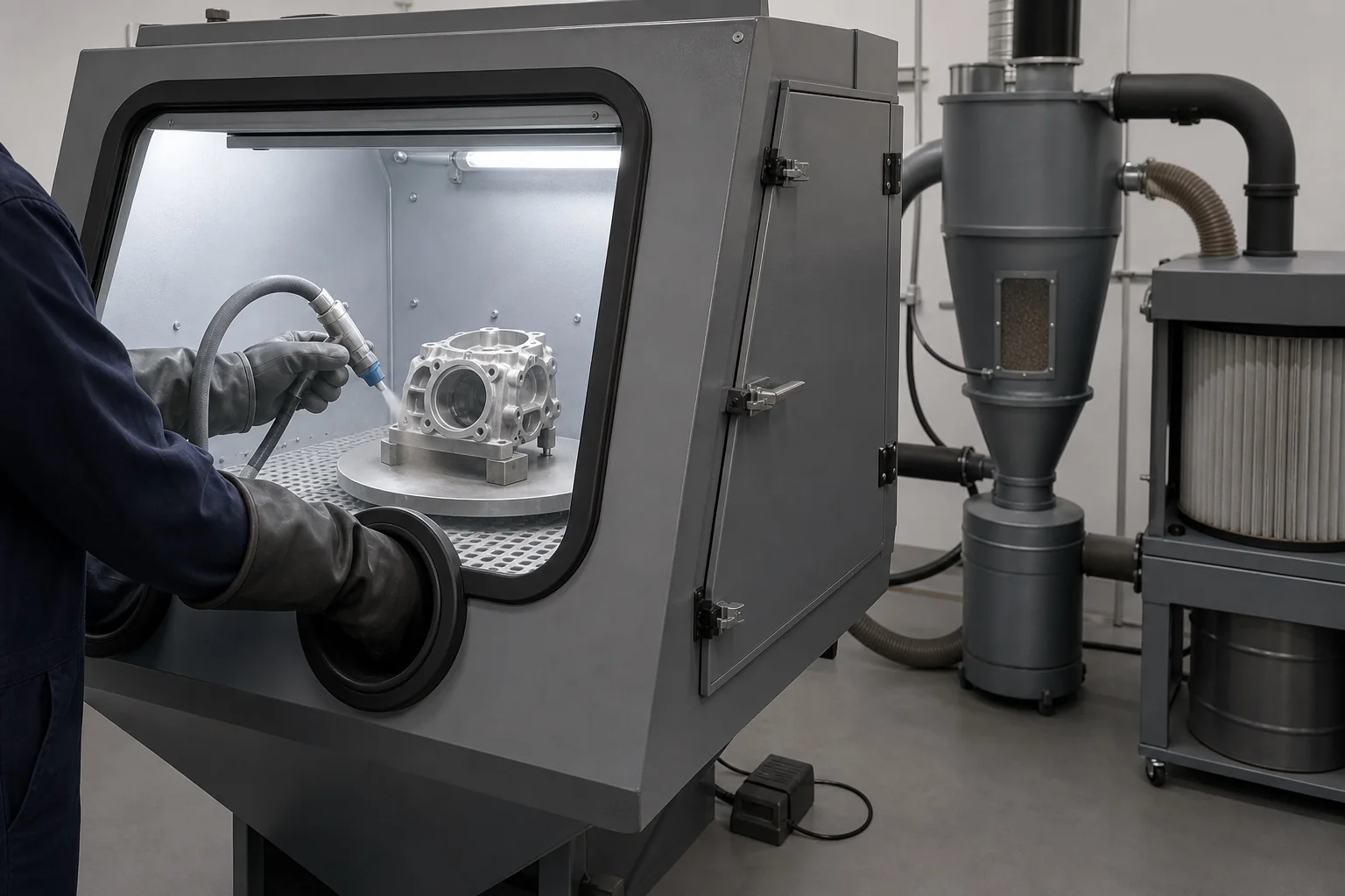 Precision aluminum housing being processed inside a sealed abrasive-blast cabinet with recovery and dust collection