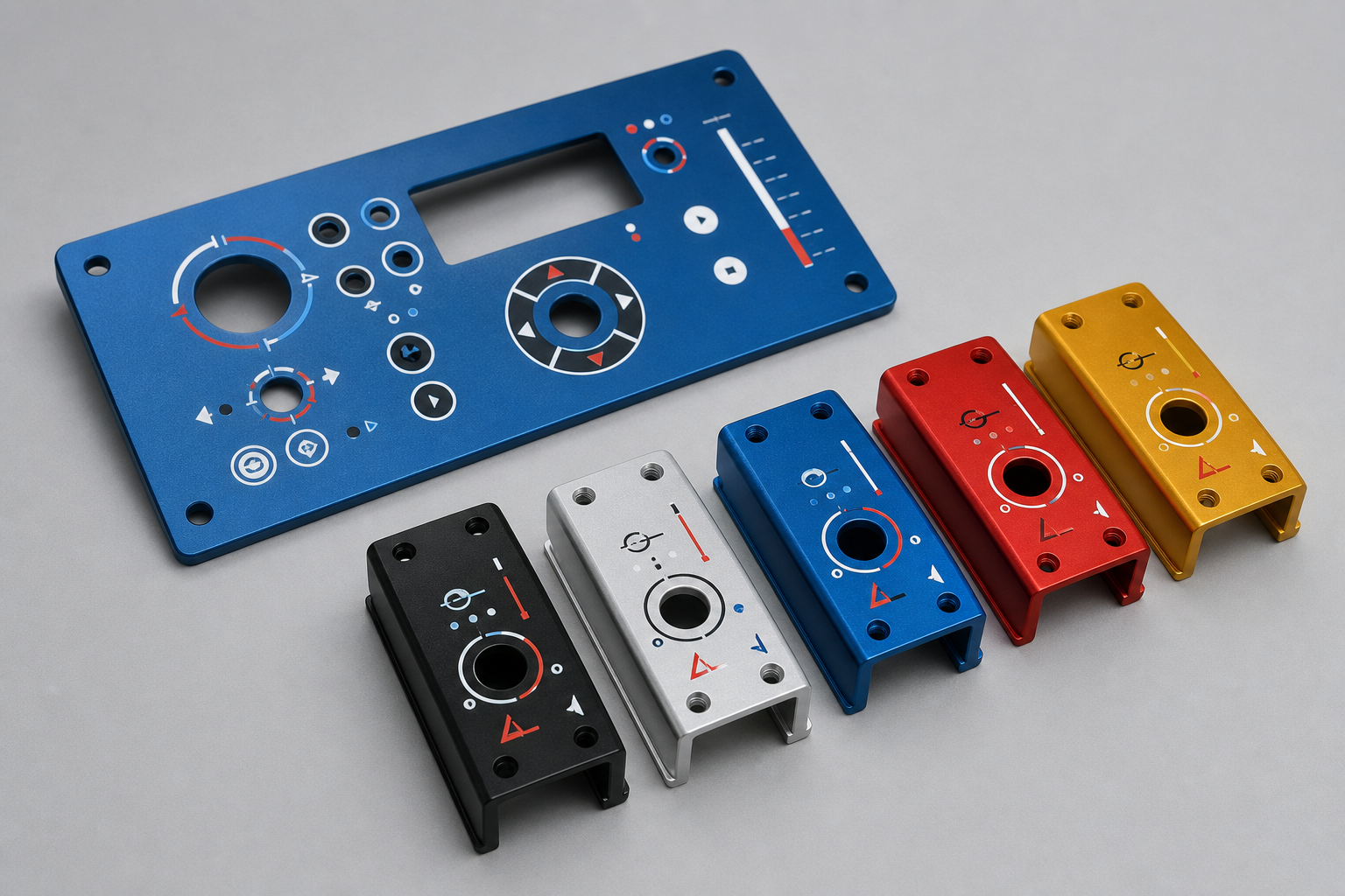 Anodized aluminum control panels and housings with crisp multicolor printed symbols